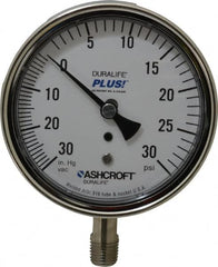 Ashcroft - 3-1/2" Dial, 1/4 Thread, 30-0-30 Scale Range, Pressure Gauge - Lower Connection Mount, Accurate to 1% of Scale - Americas Tooling