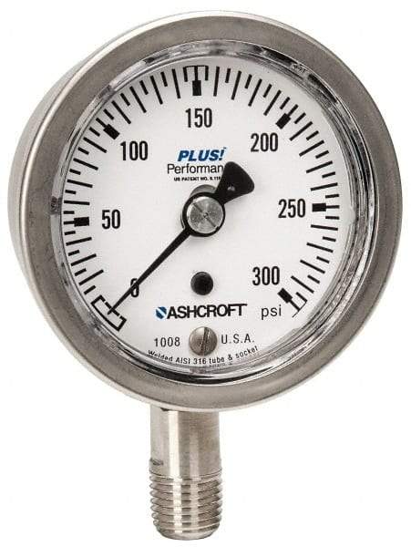 Ashcroft - 2-1/2" Dial, 1/4 Thread, 0-300 Scale Range, Pressure Gauge - Lower Connection Mount, Accurate to 3-2-3% of Scale - Americas Tooling