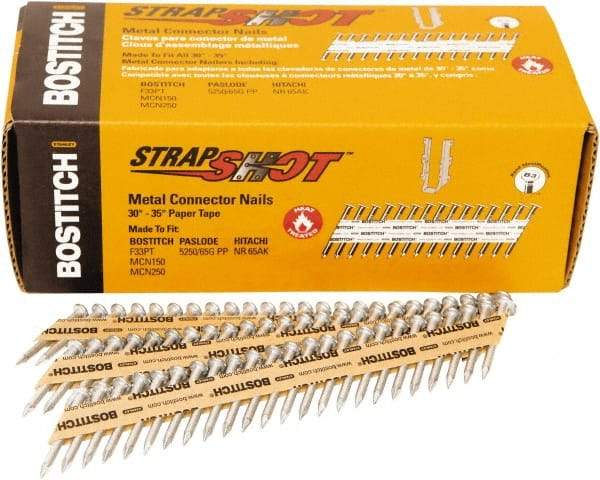 Stanley Bostitch - 16 Gauge 0.0598" Shank Diam 1-1/2" Long Metal Connecting Nails for Power Nailers - Steel, Bright Finish, Smooth Shank, Angled Stick Paper Tape Collation, Round Head - Americas Tooling