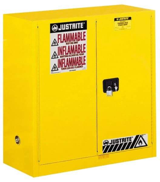 Justrite - 2 Door, 1 Shelf, Yellow Steel Standard Safety Cabinet for Flammable and Combustible Liquids - 44" High x 43" Wide x 18" Deep, Manual Closing Door, 3 Point Key Lock, 30 Gal Capacity - Americas Tooling