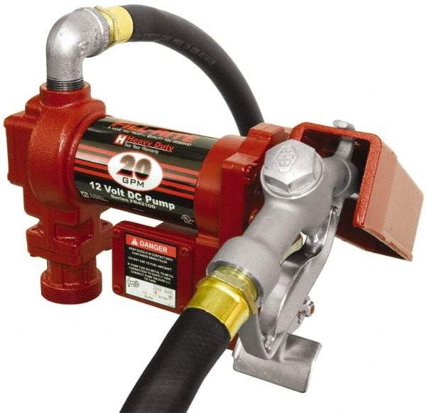 Tuthill - 20 GPM, 1" Hose Diam, DC High Flow Tank Pump with Manual Nozzle - 1" Inlet, 1" Outlet, 12 Volts, 12' Hose Length, 1/4 hp - Americas Tooling