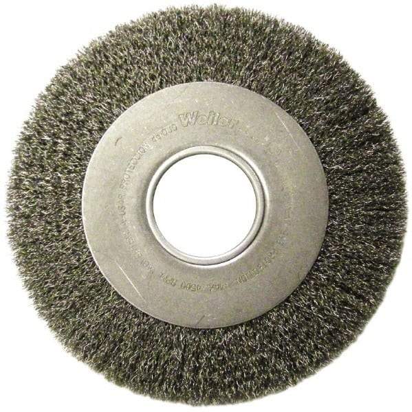 Weiler - 6" OD, 2" Arbor Hole, Crimped Steel Wheel Brush - 1" Face Width, 1-1/8" Trim Length, 0.006" Filament Diam, 6,000 RPM - Americas Tooling
