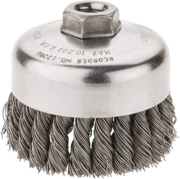 Weiler - 4" Diam, 5/8-11 Threaded Arbor, Steel Fill Cup Brush - 0.023 Wire Diam, 1-1/4" Trim Length, 9,000 Max RPM - Americas Tooling