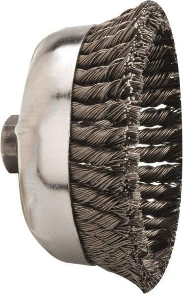 Weiler - 6" Diam, 5/8-11 Threaded Arbor, Steel Fill Cup Brush - 0.035 Wire Diam, 1-3/8" Trim Length, 6,600 Max RPM - Americas Tooling