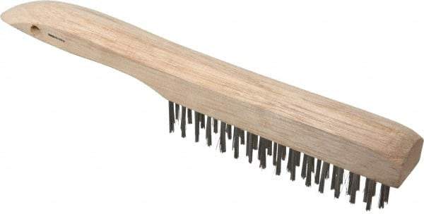 Weiler - 4 Rows x 16 Columns Shoe Handle Stainless Steel Scratch Brush - 5" Brush Length, 10" OAL, 1" Trim Length, Wood Shoe Handle - Americas Tooling