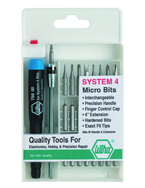 27 Piece - System 4 Micro Bit Interchangeable Set - #75991 - Includes: Handle and Slotted; Phillips; Torx®; Hex Inch Micro Bits. 105mm Bit Extension - In Compact Fold Out Box - Americas Tooling