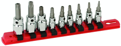 1/4" Drive: T10s; T15s; T20s; T27s; T30s and 3/8" T40s (1/4" Bit) and 3/8" T45s; T50s (5/16" Bit) on rail - Square Drive Replaceable Bit - Security Torx Bit Socket Set - Americas Tooling