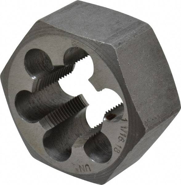 Interstate - 1-1/16 - 18 UNEF Thread, 2" Hex, Right Hand Thread, Hex Rethreading Die - Carbon Steel, 1" Thick - Exact Industrial Supply