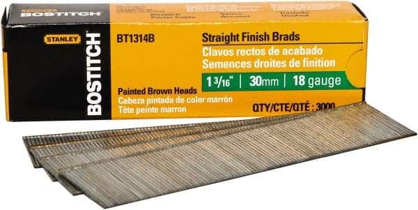 Stanley Bostitch - 18 Gauge 0.05" Shank Diam 1-3/16" Long Brad Nails for Power Nailers - Steel, Bright Finish, Ring Shank, Straight Stick Adhesive Collation, Brad Head, Chisel Point - Americas Tooling