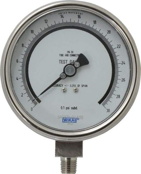 Wika - 4" Dial, 1/4 Thread, 0-30 Scale Range, Pressure Gauge - Lower Connection Mount, Accurate to 0.25% of Scale - Americas Tooling