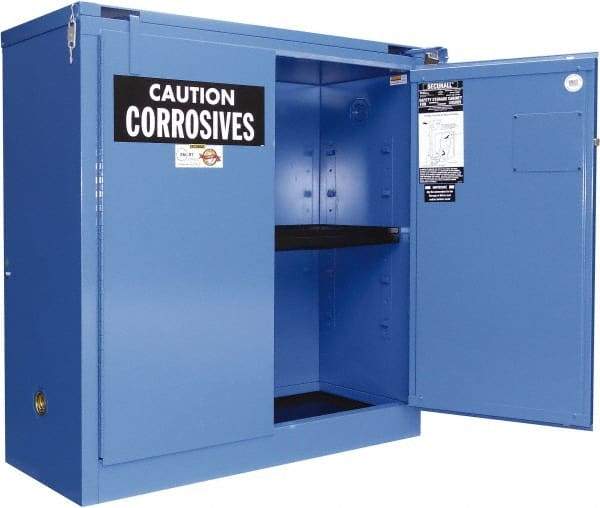 Securall Cabinets - 2 Door, 2 Shelf, Blue Steel Standard Safety Cabinet for Corrosive Chemicals - 67" High x 43" Wide x 18" Deep, Self Closing Door, 3 Point Key Lock, 45 Gal Capacity - Americas Tooling