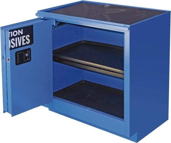 Securall Cabinets - 2 Door, 1 Shelf, Blue Steel Standard Safety Cabinet for Corrosive Chemicals - 36" High x 35" Wide x 22" Deep, Sliding Door, 3 Point Key Lock, 24 Gal Capacity - Americas Tooling