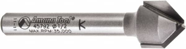 Amana Tool - 1/2" Cut Diam, 3/8" Length of Cut, 2 Flute V-Groove Edge Profile Router Bit - Carbide-Tipped, 1/4" Shank Diam, 2" OAL, Uncoated - Americas Tooling