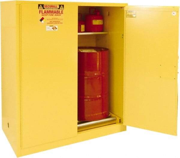 Securall Cabinets - 56" Wide x 31" Deep x 65" High, 18 Gauge Steel Vertical Drum Cabinet with 3 Point Key Lock - Yellow, Manual Closing Door, 1 Shelf, 2 Drums, Drum Rollers Included - Americas Tooling