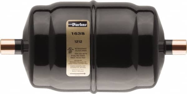 Parker - 1/2" Connection, 3" Diam, 9" Long, Refrigeration Liquid Line Filter Dryer - 7-3/4" Cutout Length, 361 Drops Water Capacity - Americas Tooling