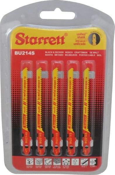 Starrett - 3" Long, 14 Teeth per Inch, Bi-Metal Jig Saw Blade - Toothed Edge, 3/16" Wide x 0.04" Thick, U-Shank, Wavy Tooth Set - Americas Tooling