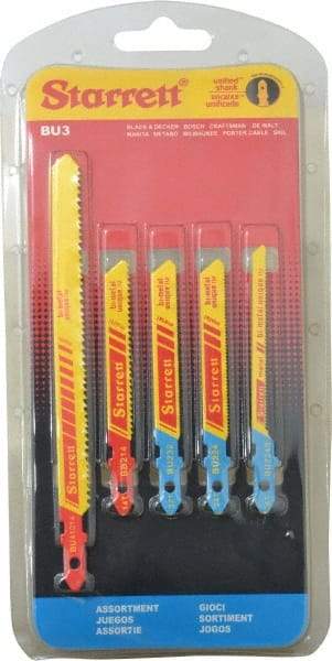 Starrett - 5 Piece, 3" to 5" Long, 10-14 to 32 Teeth per Inch, Bi-Metal Jig Saw Blade Set - Toothed Edge, 3/16" to 3/8" Wide, 0.04" to 0.04" Thick, U-Shank - Americas Tooling