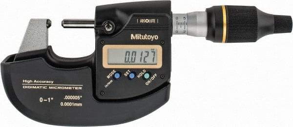 Mitutoyo - 0 to 1" Range, 0" Resolution, Standard Throat, Electronic Outside Micrometer - 0" Accuracy, 0.98" Throat, Ratchet Friction Thimble, CR2032 Battery, Data Output - Americas Tooling