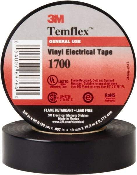 3M - 1" x 66', Black Vinyl Electrical Tape - Series 1700, 7 mil Thick, Over 1000 V/mil Dielectric Strength, 17 Lb./Inch Tensile Strength - Americas Tooling