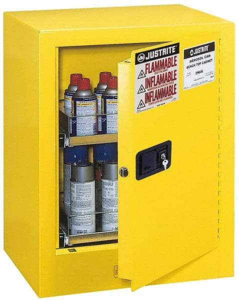 Justrite - 1 Door, 2 Shelf, Yellow Steel Bench Top Safety Cabinet for Flammable and Combustible Liquids - 27" High x 21" Wide x 18" Deep, Manual Closing Door, 4 Gal Capacity - Americas Tooling