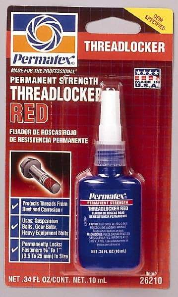 Permatex - 10 mL Bottle, Red, High Strength Liquid Threadlocker - Series 262, 24 hr Full Cure Time, Hand Tool, Heat Removal - Americas Tooling