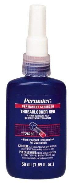 Permatex - 50 mL Bottle, Red, High Strength Liquid Threadlocker - Series 262, 24 hr Full Cure Time, Hand Tool, Heat Removal - Americas Tooling