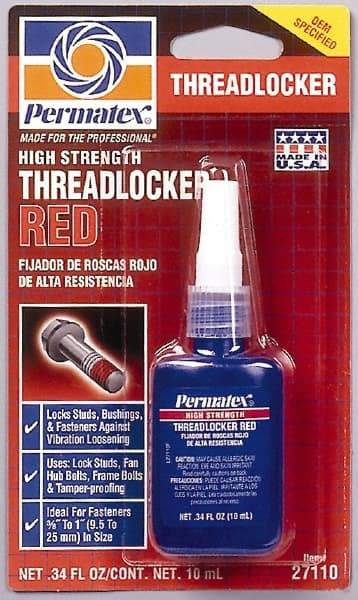 Permatex - 10 mL Bottle, Red, High Strength Liquid Threadlocker - Series 271, 24 hr Full Cure Time, Hand Tool, Heat Removal - Americas Tooling