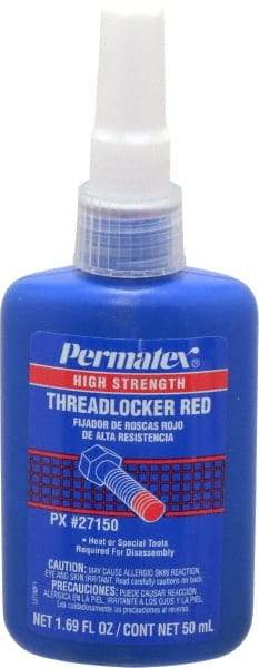 Permatex - 50 mL Bottle, Red, High Strength Liquid Threadlocker - Series 271, 24 hr Full Cure Time, Hand Tool, Heat Removal - Americas Tooling