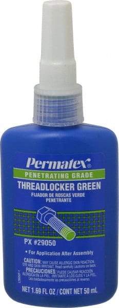 Permatex - 50 mL Bottle, Green, Liquid Medium Strength Threadlocker - Series 290, 24 hr Full Cure Time, Hand Tool, Heat Removal - Americas Tooling