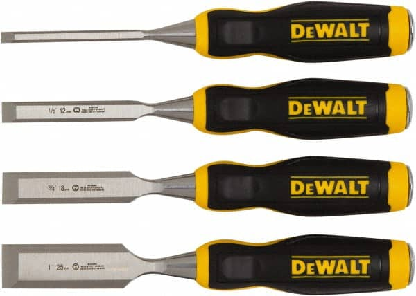 DeWALT - 4 Piece Wood Chisel Set - 11-29/32" OAL, High-impact Polypropylene & Rubber, Sizes Included 1/4 to 1" - Americas Tooling