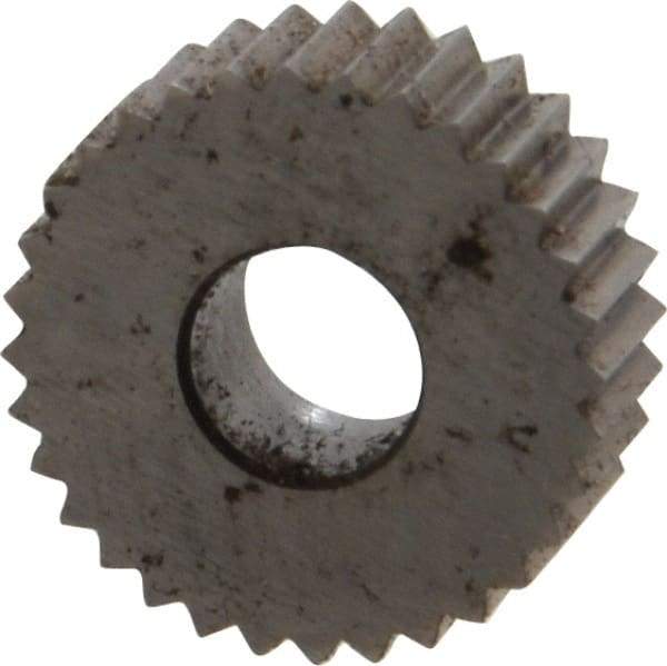 Made in USA - 1/2" Diam, 90° Tooth Angle, 20 TPI, Standard (Shape), Form Type Cobalt Straight Knurl Wheel - 3/16" Face Width, 3/16" Hole, Circular Pitch, Bright Finish, Series EP - Exact Industrial Supply