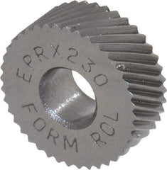 Made in USA - 1/2" Diam, 90° Tooth Angle, 30 TPI, Standard (Shape), Form Type Cobalt Right-Hand Diagonal Knurl Wheel - 3/16" Face Width, 3/16" Hole, Circular Pitch, 30° Helix, Bright Finish, Series EP - Exact Industrial Supply