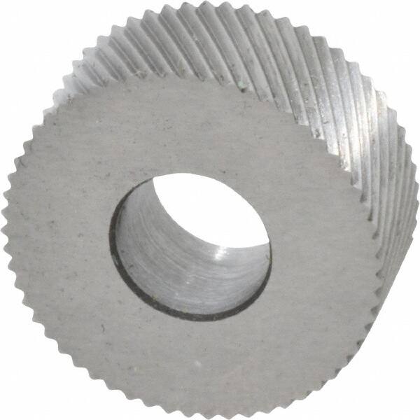 Made in USA - 5/8" Diam, 90° Tooth Angle, 35 TPI, Standard (Shape), Form Type Cobalt Left-Hand Diagonal Knurl Wheel - 1/4" Face Width, 1/4" Hole, Circular Pitch, 30° Helix, Bright Finish, Series GK - Exact Industrial Supply