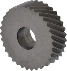 Made in USA - 3/4" Diam, 90° Tooth Angle, 16 TPI, Standard (Shape), Form Type Cobalt Right-Hand Diagonal Knurl Wheel - 1/4" Face Width, 1/4" Hole, Circular Pitch, 30° Helix, Bright Finish, Series KN - Exact Industrial Supply