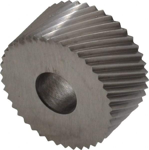 Made in USA - 3/4" Diam, 90° Tooth Angle, 20 TPI, Standard (Shape), Form Type Cobalt Right-Hand Diagonal Knurl Wheel - 3/8" Face Width, 1/4" Hole, Circular Pitch, 30° Helix, Bright Finish, Series KP - Exact Industrial Supply