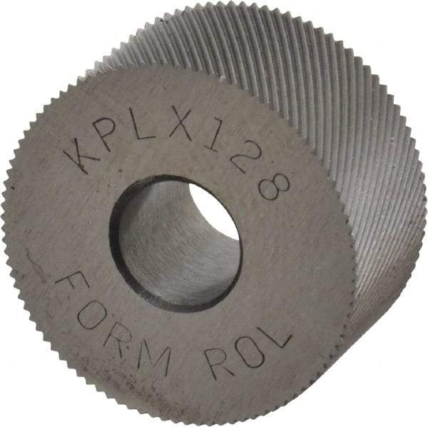 Made in USA - 3/4" Diam, 80° Tooth Angle, Standard (Shape), Form Type Cobalt Left-Hand Diagonal Knurl Wheel - 3/8" Face Width, 1/4" Hole, 128 Diametral Pitch, 30° Helix, Bright Finish, Series KP - Exact Industrial Supply