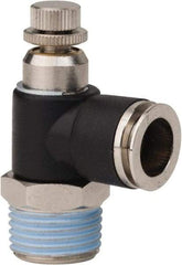 PRO-SOURCE - 1/2" NPT x 1/2" Tube OD Right Angle Flow Control Valve - 0 to 113.76 psi & Techno Polymer, Brass, Steel Material - Americas Tooling