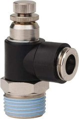 PRO-SOURCE - 1/2" NPT x 3/8" Tube OD Right Angle Flow Control Valve - 0 to 113.76 psi & Techno Polymer, Brass, Steel Material - Americas Tooling