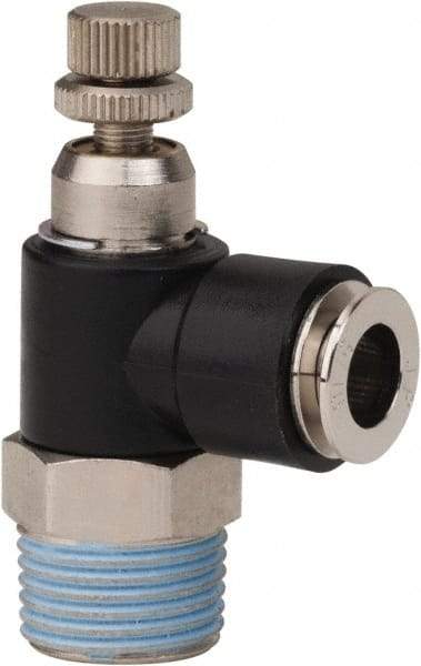 PRO-SOURCE - 3/8" NPT x 5/16" Tube OD Right Angle Flow Control Valve - 0 to 113.76 psi & Techno Polymer, Brass, Steel Material - Americas Tooling