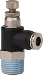 PRO-SOURCE - 3/8" NPT x 1/4" Tube OD Right Angle Flow Control Valve - 0 to 113.76 psi & Techno Polymer, Brass, Steel Material - Americas Tooling