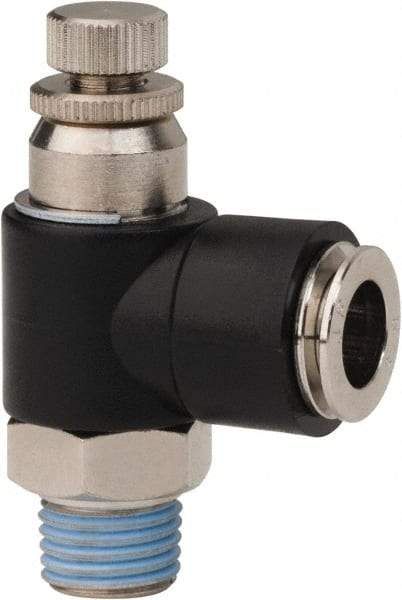 PRO-SOURCE - 1/4" NPT x 3/8" Tube OD Right Angle Flow Control Valve - 0 to 113.76 psi & Techno Polymer, Brass, Steel Material - Americas Tooling