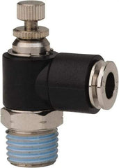 PRO-SOURCE - 1/4" NPT x 1/4" Tube OD Right Angle Flow Control Valve - 0 to 113.76 psi & Techno Polymer, Brass, Steel Material - Americas Tooling