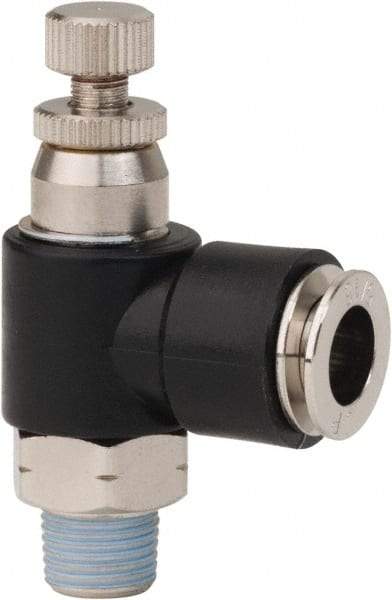 PRO-SOURCE - 1/8" NPT x 5/16" Tube OD Right Angle Flow Control Valve - 0 to 113.76 psi & Techno Polymer, Brass, Steel Material - Americas Tooling