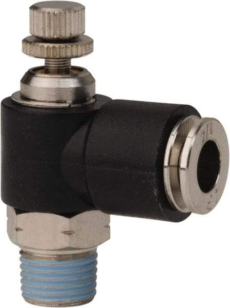 PRO-SOURCE - 1/8" NPT x 1/4" Tube OD Right Angle Flow Control Valve - 0 to 113.76 psi & Techno Polymer, Brass, Steel Material - Americas Tooling