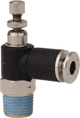 PRO-SOURCE - 1/8" NPT x 5/32" Tube OD Right Angle Flow Control Valve - 0 to 113.76 psi & Techno Polymer, Brass, Steel Material - Americas Tooling