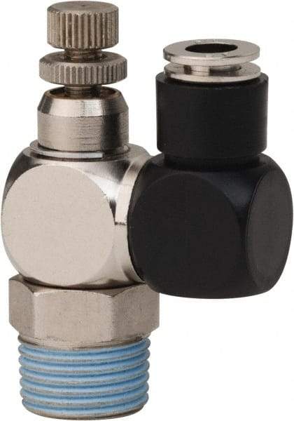 PRO-SOURCE - 3/8" Male NPT x 1/4" Tube OD Flow Control Offset Inline Valve - 0 to 113.76 psi & Techno Polymer, Brass, Steel Material - Americas Tooling