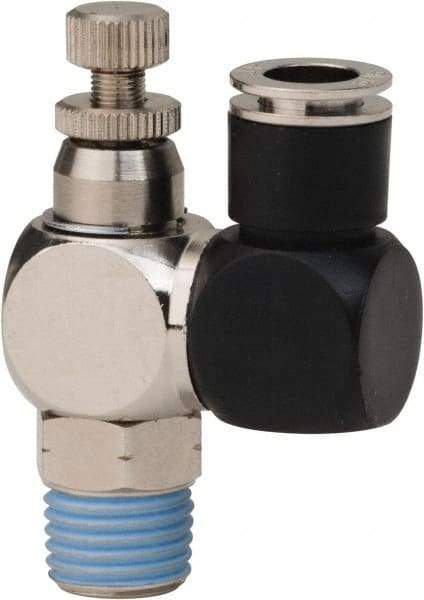 PRO-SOURCE - 1/4" Male NPT x 5/16" Tube OD Flow Control Offset Inline Valve - 0 to 113.76 psi & Techno Polymer, Brass, Steel Material - Americas Tooling