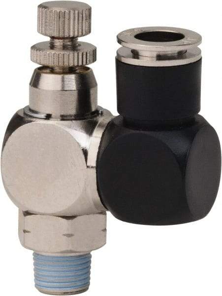 Value Collection - 1/8" Male NPT x 5/16" Tube OD Flow Control Offset Inline Valve - 0 to 113.76 psi & Techno Polymer, Brass, Steel Material - Americas Tooling