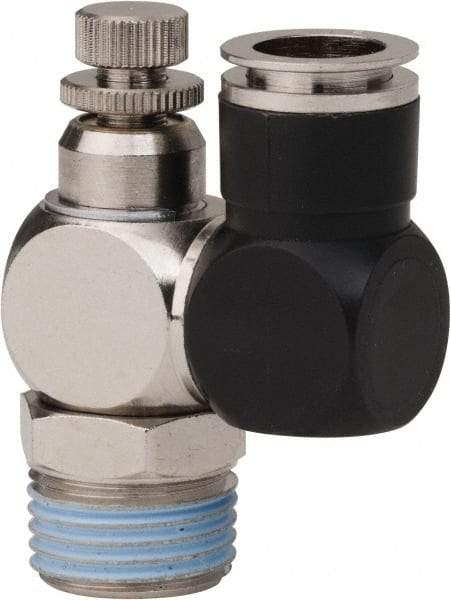 PRO-SOURCE - 1/2" Male NPT x 1/2" Tube OD Flow Control Offset Inline Valve - 0 to 113.76 psi & Techno Polymer, Brass, Steel Material - Americas Tooling