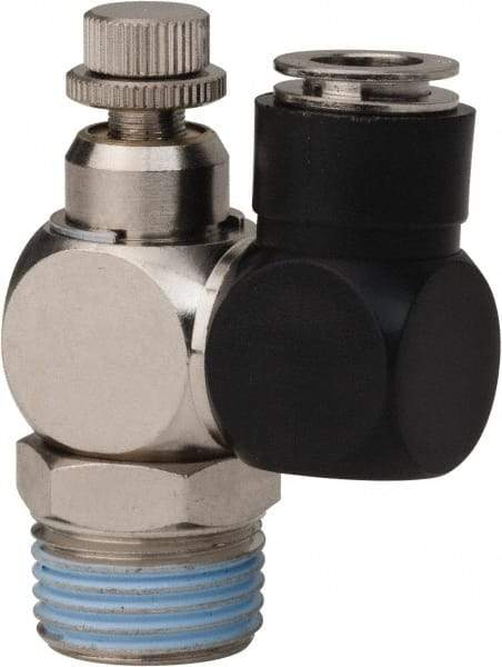 Value Collection - 1/2" Male NPT x 3/8" Tube OD Flow Control Offset Inline Valve - 0 to 113.76 psi & Techno Polymer, Brass, Steel Material - Americas Tooling